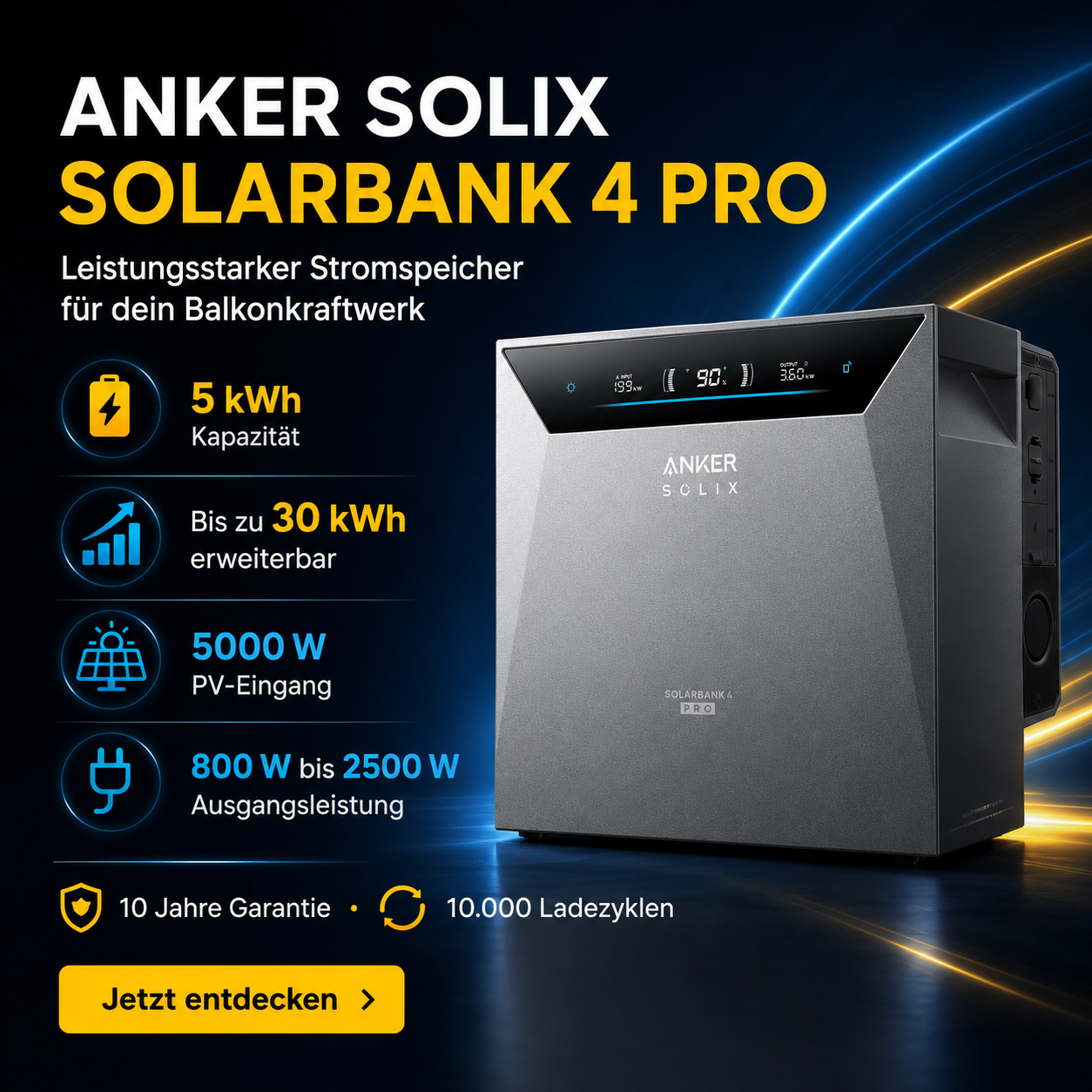 Anker SOLIX Solarbank 4 Pro mit 5 kWh Speicher, 5000 W PV-Eingang und bis zu 30 kWh Erweiterung